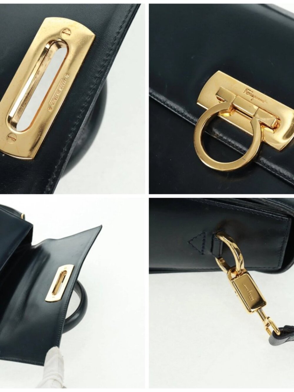 Salvatore Ferragamo Gancini Hand Bag Leather 2way Navy Gold - Picture 14 of 16